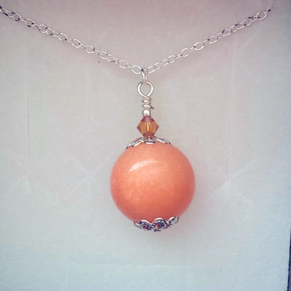 Coral Jade & Crystal Pendant Necklace